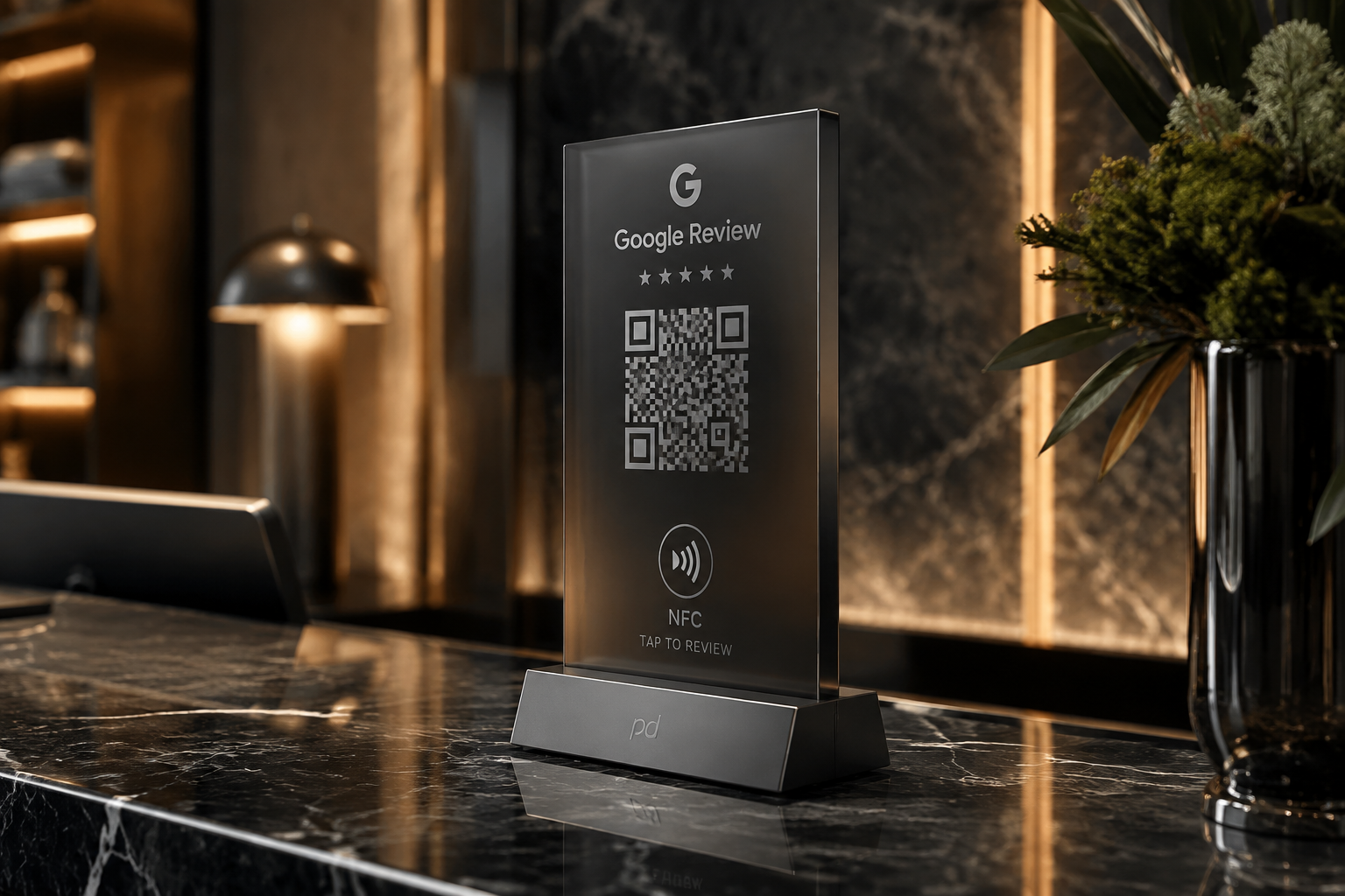 Obsidian Tower – Black Glass Google Review Stand